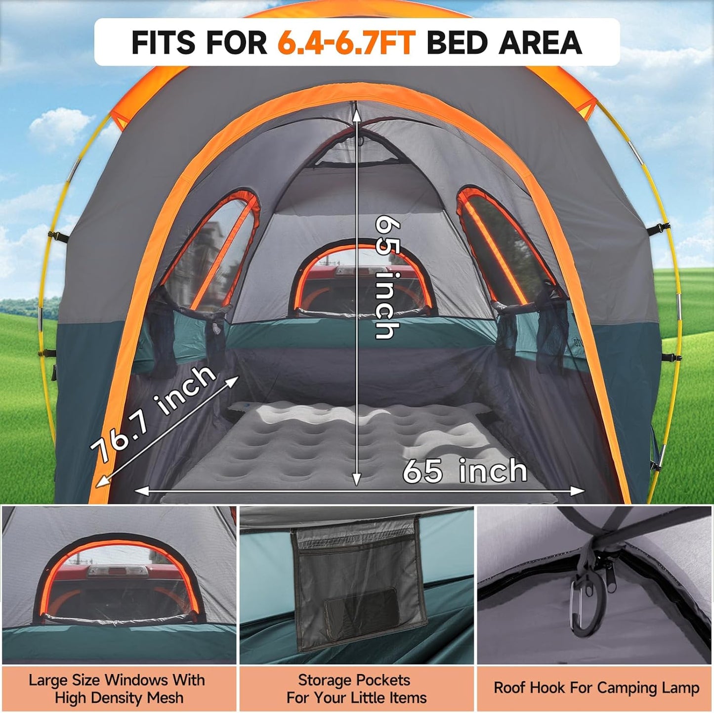 Umbrauto Truck Bed Tent with Awning,Fits 6.4-6.7 ft Truck Beds | PU3000mm Waterproof Pickup Tent