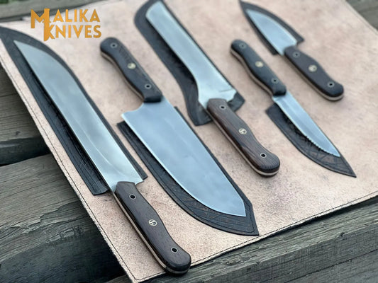 Malika Knives All-in-One Camp Chef Knife Set with Custom Leather Kit