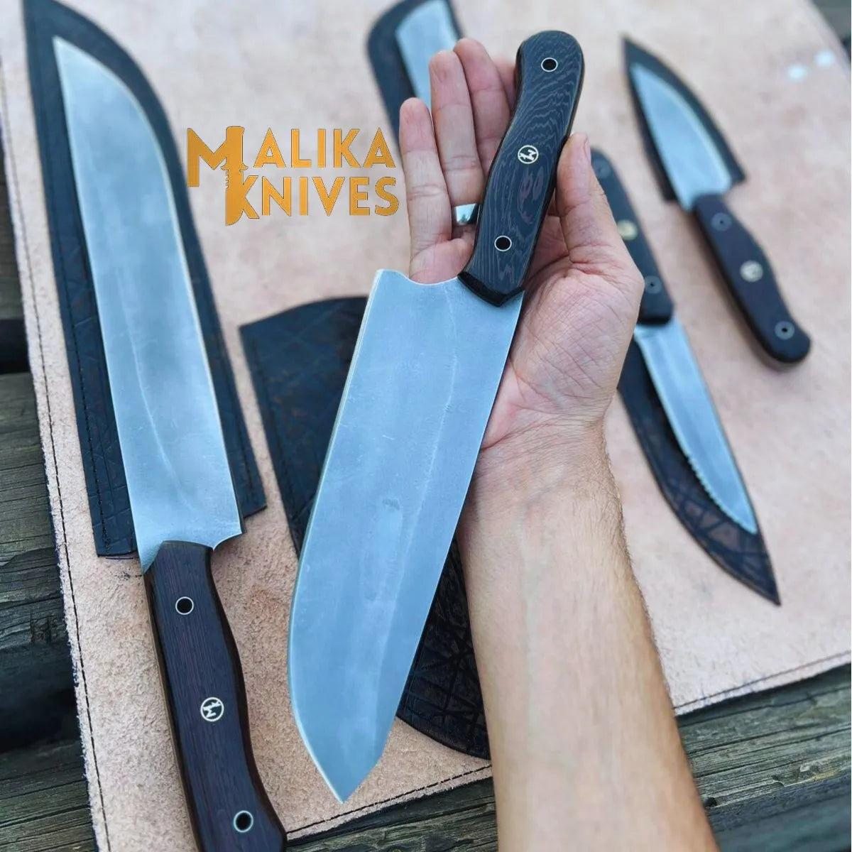 Malika Knives All-in-One Camp Chef Knife Set with Custom Leather Kit