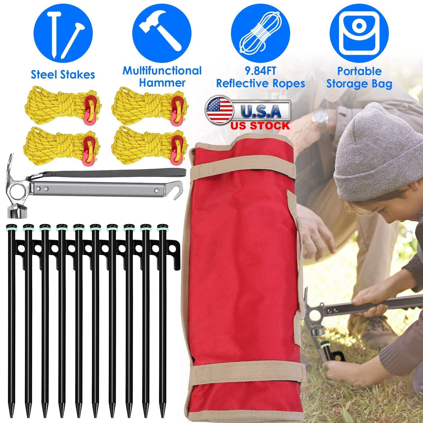 Tent Stake & Camping Hammer Kit
