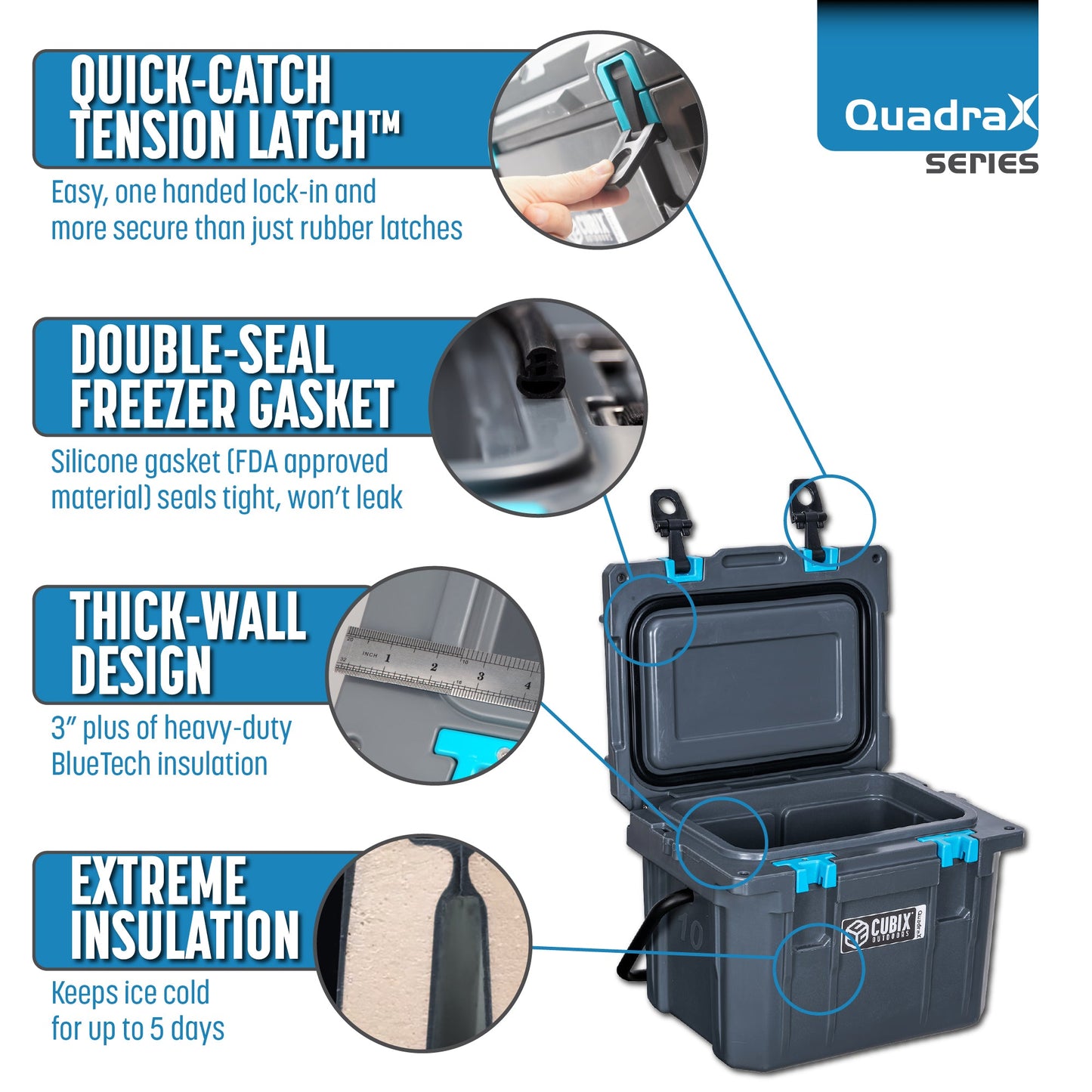 QuadraX 10QT Personal Cooler – Rotomolded Hard Cooler with 72-Hr Ice Retention & Lifetime Warranty